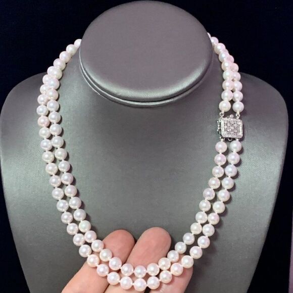 Diamond Akoya Pearl 2-Strand Necklace 14k Gold 18" 7.5mm Certified $9,750 116393 - Picture 9 of 11